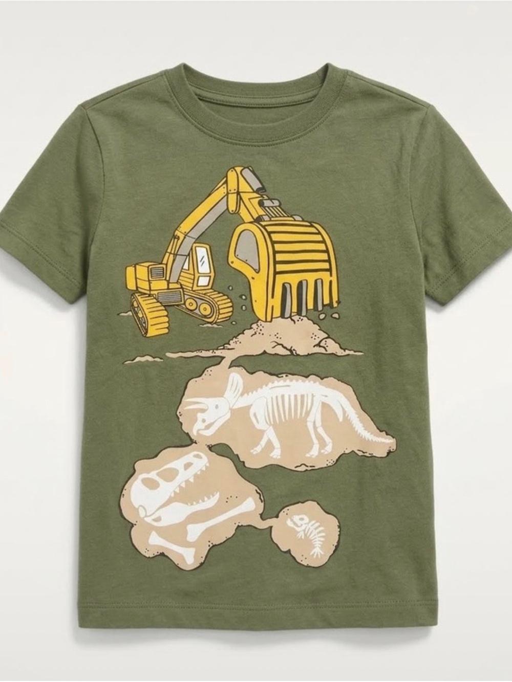 Old Navy Olive Tee with Yellow Excavator & Beige Fossils